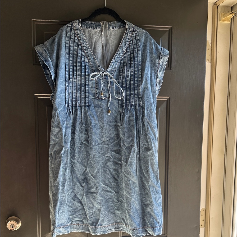 Denim V-Neck Pleated Women's Top